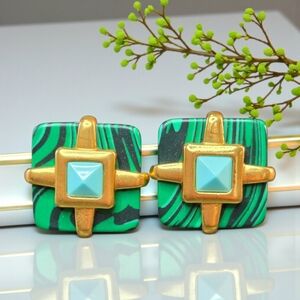 18k Matte Gold Plated Malachite & Turquoise Square Chunky Earrings